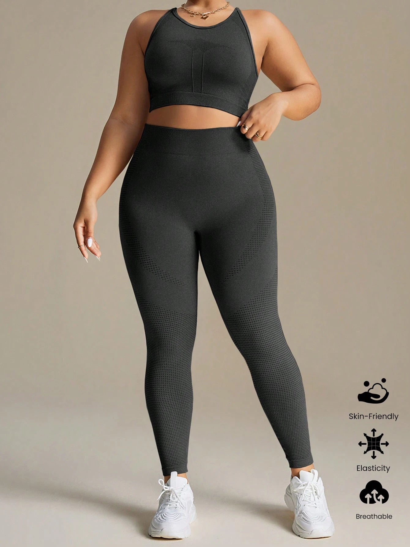 SHEIN Sport Studio 1 conjunto Regata e Leggings Sem Costura Rosa Plus Size para Mulheres