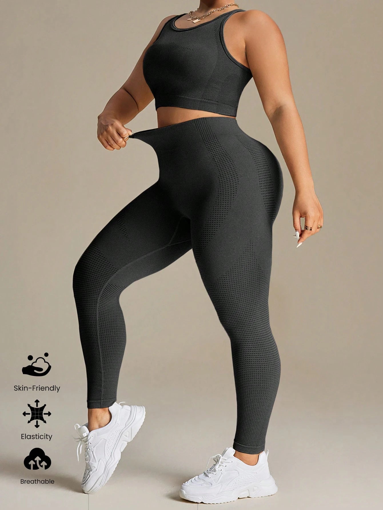 SHEIN Sport Studio 1 conjunto Regata e Leggings Sem Costura Rosa Plus Size para Mulheres