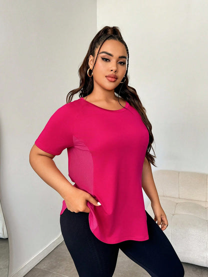 SHEIN Sport Studio Camiseta Esportiva de Manga Curta Plus Size Casual com Contraste de Cor e Retalhos, Verão